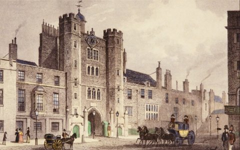 Photograph of a watercolor painting of the Saint James Palace in London