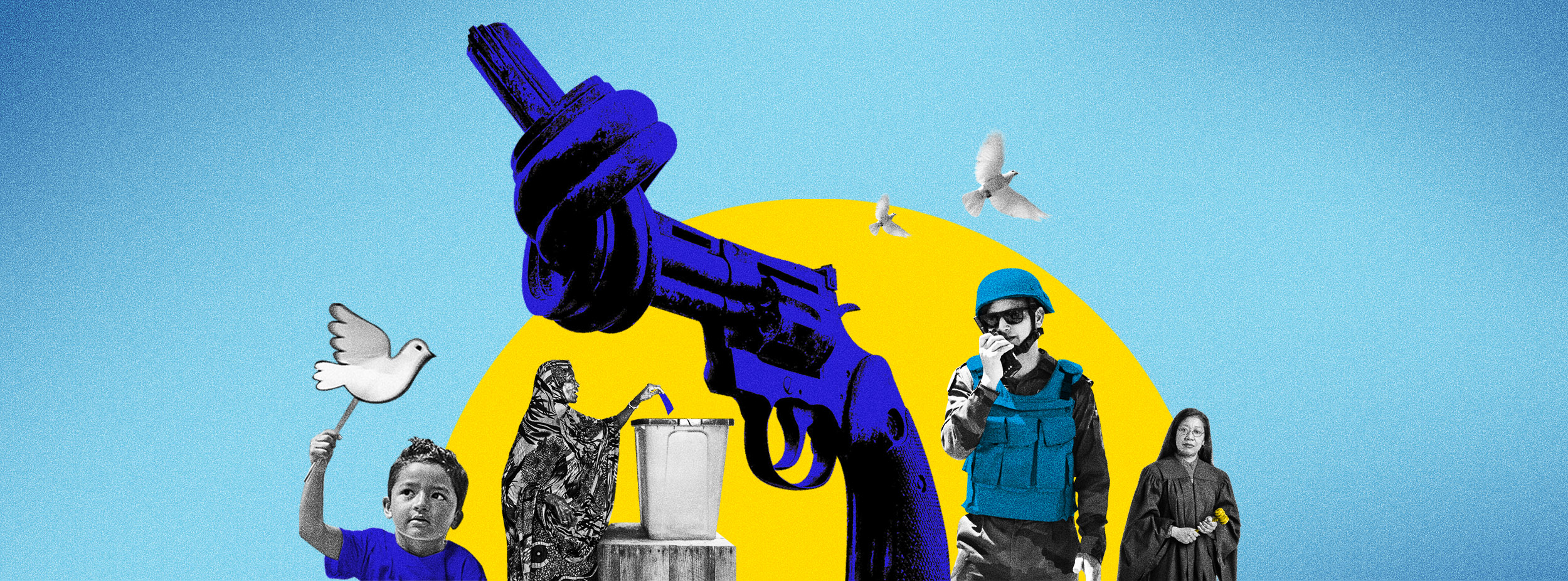 An illustration of a boy with a paper dove, a woman voting, a knotted gun sculpture, a peacekeeper, two flying doves, and a woman holding an object, set against a blue and yellow background.