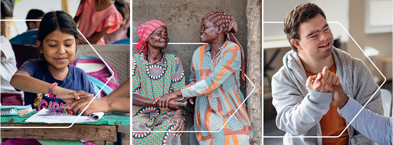 collage of photos depicting school girl, two elderly women and young man with Down syndrome