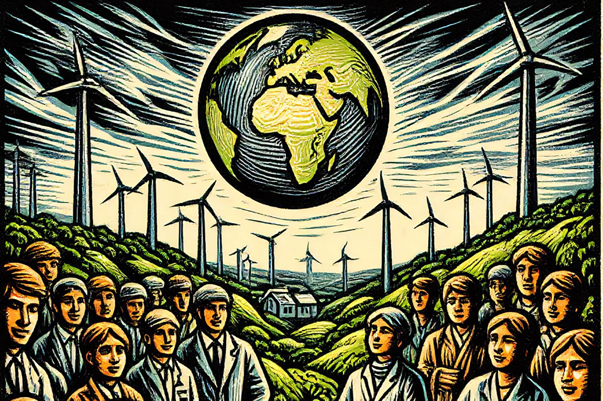 A graphic illustration showing a group of people in the foreground and a vegetable landscape, a house, several windmills and the globe of planet Earth in the background. 