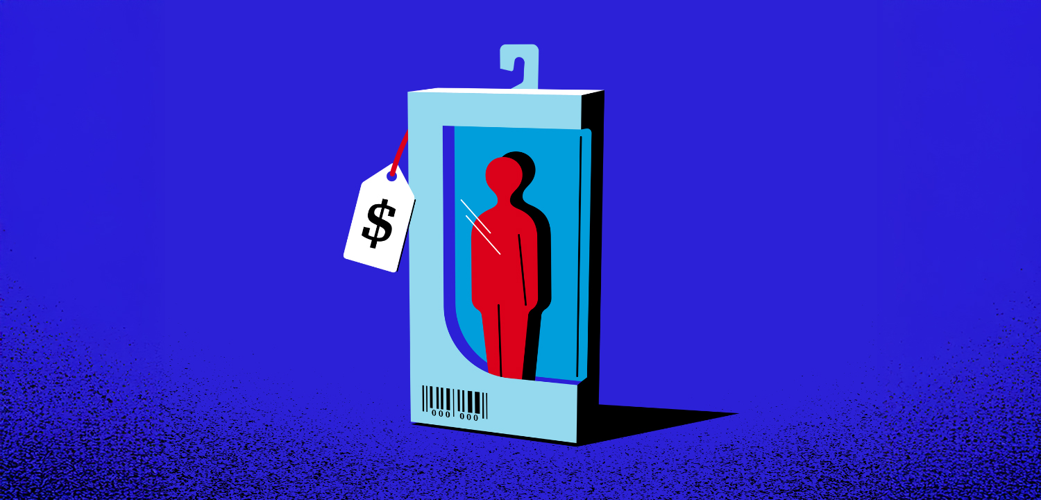 A photograph showing An illustration showing a figure in red inside a white action-figure style box with a price tag attached to it, on a bright blue background