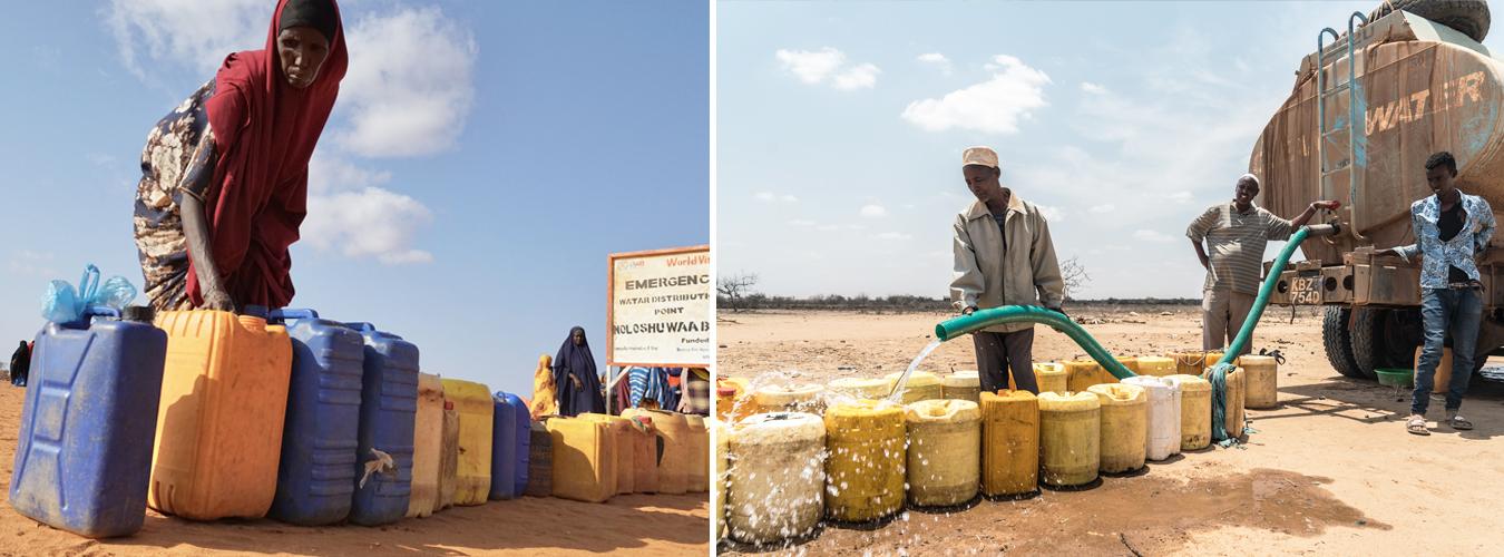 Two photos, on the left a woman picks up a wter container, on the right men are filling up containers with water