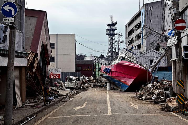 A ship stranded in the street.