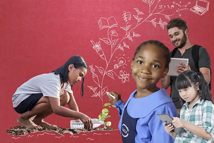 Three girls and one boy learning about different topics.