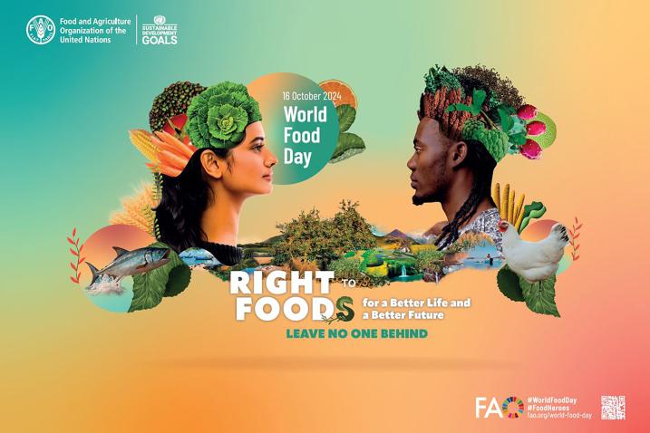 Illustration of human busts surrounded by food and nature motifs and the slogan “Right to Foods for a better life and a better future” and FAO logos.