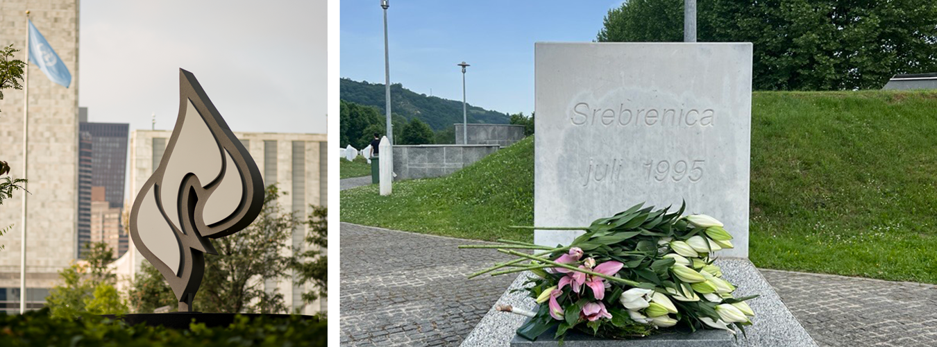 Photos commemorating the Rwanda and Srebrenica genocides. 